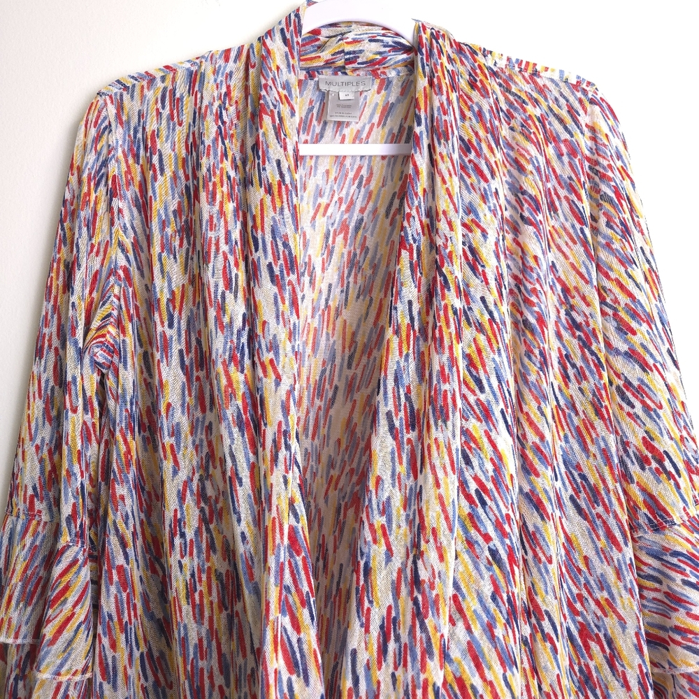 Multiples Sheer Flowy Red Blue Yellow Artsy Lagenlook 3/4 Sleeve Open Cardigan M